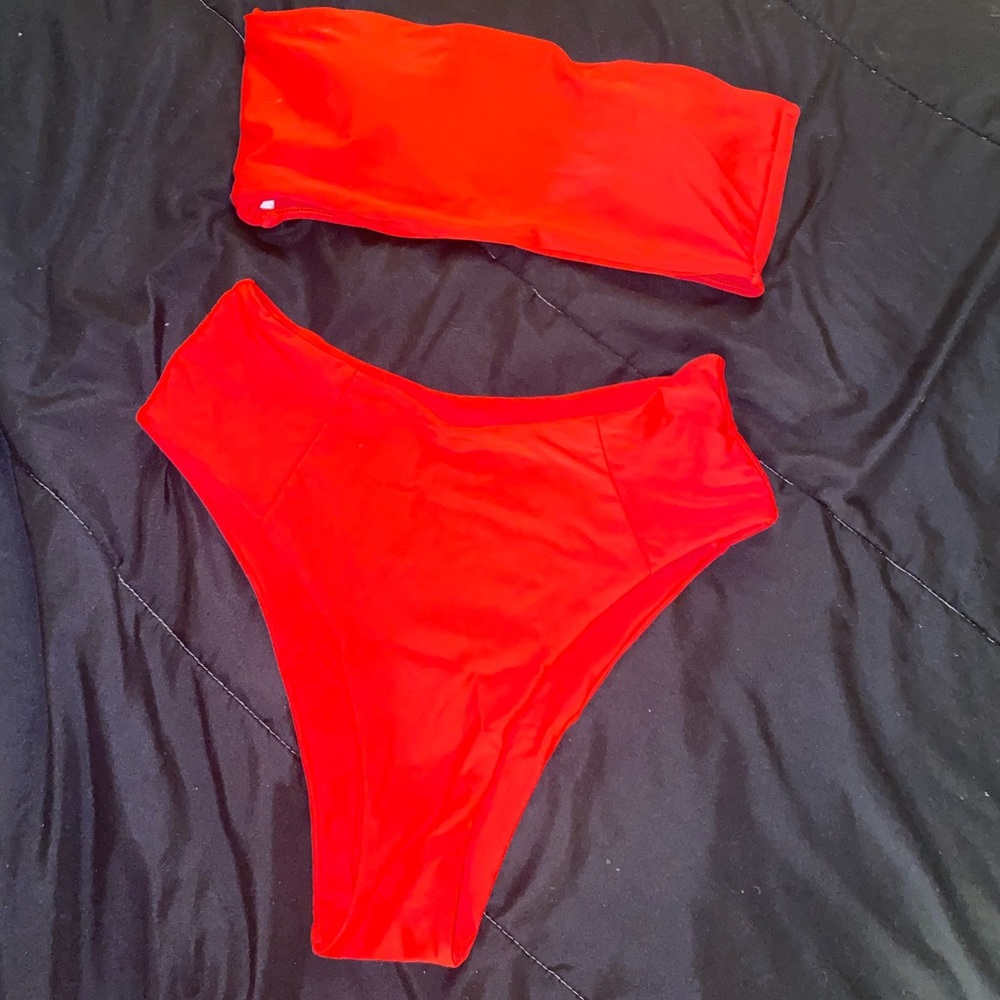 Cherry Red High Waisted Bandeau Bikini